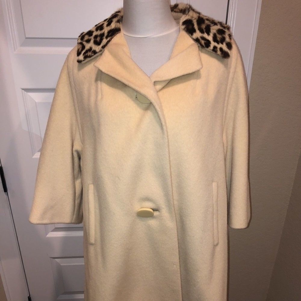Cream Wool Coat with Real Fur Leopard Print Collar